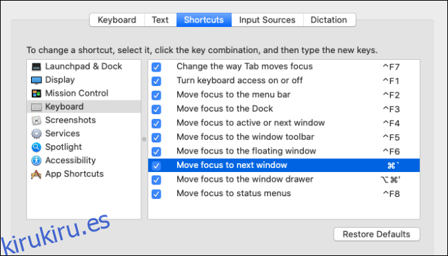 Definición de atajos de teclado para cambiar entre aplicaciones abiertas y ventanas en mac