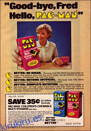 Un anuncio de Pac-Man Children's Chewable Multi-Vitamin Plus Iron.