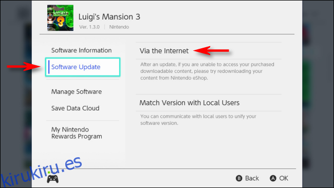 Seleccione Actualizar a través de Internet en Nintendo Switch