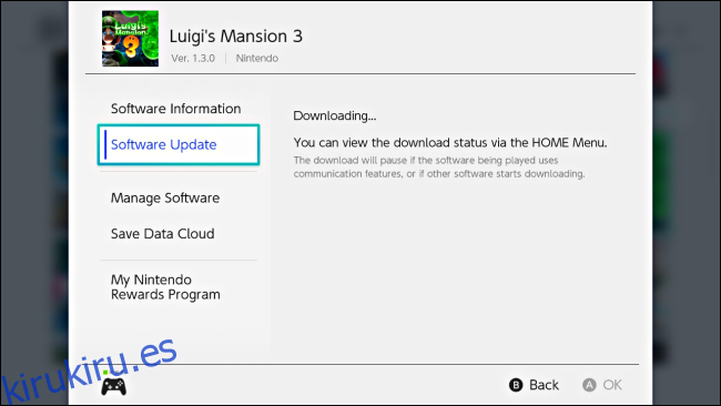Un mensaje en el juego de Opciones que muestra la actualización que se descarga en Nintendo Switch
