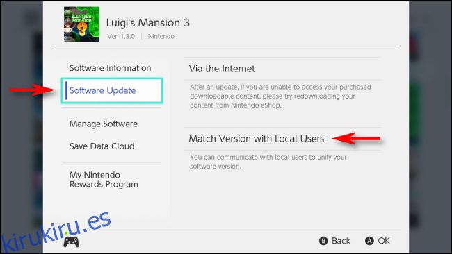 Seleccione Hacer coincidir la versión con los usuarios locales en el menú de opciones de Nintendo Switch