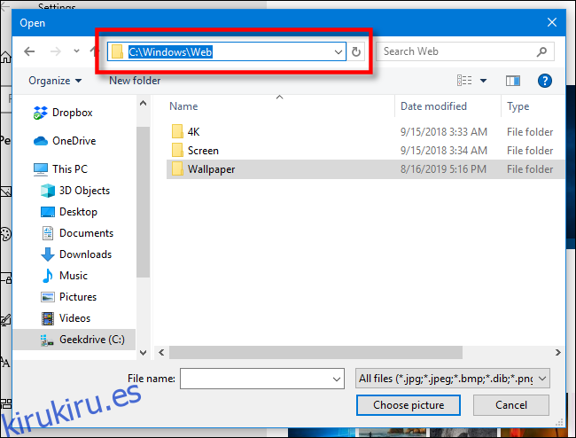 Examinar el directorio de papel tapiz predeterminado de Windows 10