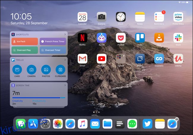Widgets en la pantalla de inicio de un iPad Pro en vista horizontal.