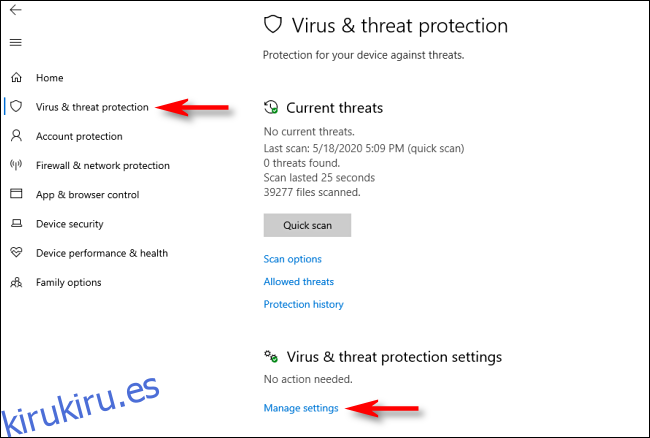 Haga clic en administrar la configuración en Seguridad de Windows en Windows 10