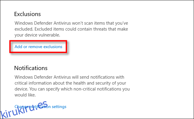 Seleccione agregar o quitar exclusiones a Windows Defender en Windows 10
