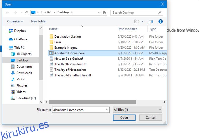 Seleccionar un archivo para excluir de los análisis de Windows Defender en la configuración de seguridad de Windows para Windows 10