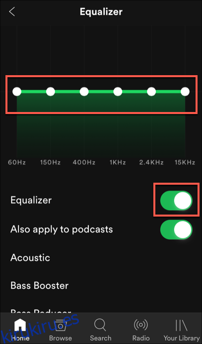 La configuración del ecualizador para Spotify en iOS