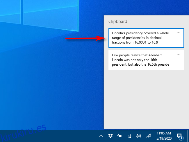 Haga clic en el elemento que desea pegar en la lista del historial del Portapapeles en Windows 10.