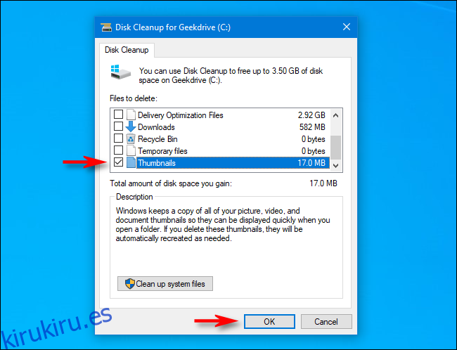 Eliminación de miniaturas en Windows 10 mediante el Liberador de espacio en disco