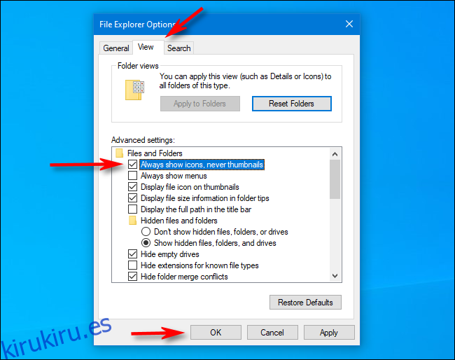 Marque Mostrar siempre iconos en lugar de miniaturas en Opciones del Explorador de archivos en Windows 10