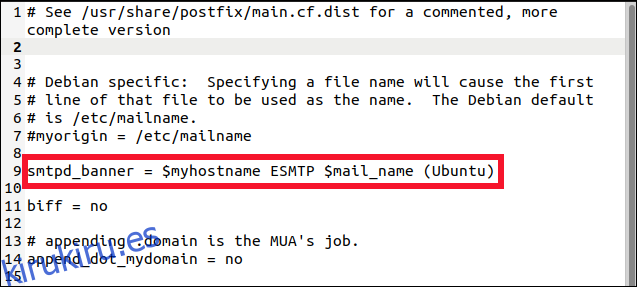 postfix main.cf archivo en un editor gedit con la línea smtp_banner resaltada.