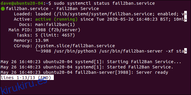 sudo systemctl status fail2ban.service en una ventana de terminal.