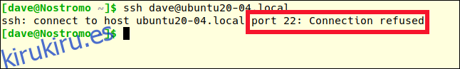 ssh dave@ubuntu20-04.local en una ventana de terminal con respuesta de conexión rechazada.