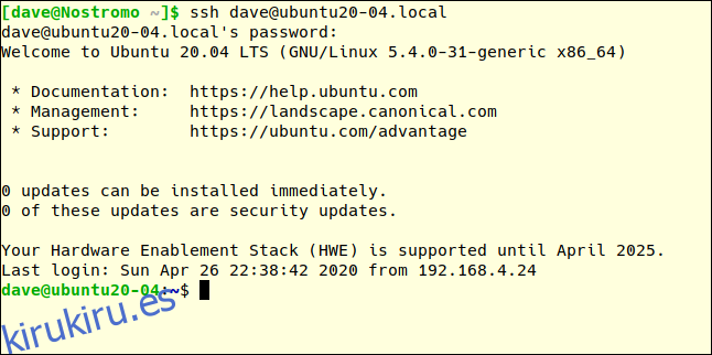 ssh dave@ubuntu20-04.local en una ventana de terminal.