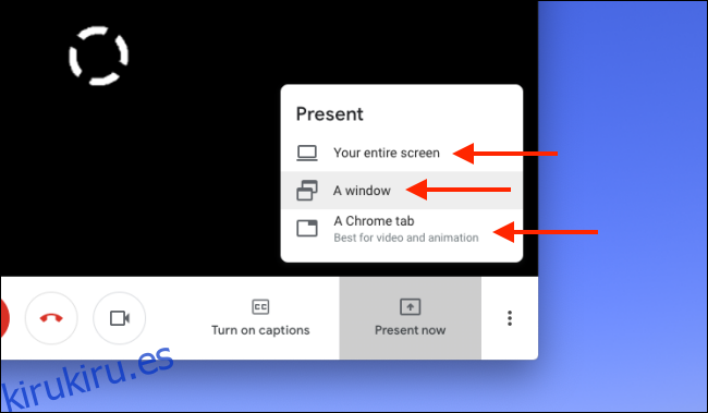 Elija compartir pantalla, ventana o pestaña de Chrome en Google Meet