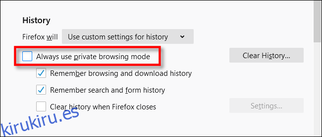 Marque siempre usar el modo de navegación privada en Firefox