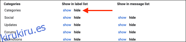Ocultar la sección Categorías para limpiar la barra lateral de Gmail