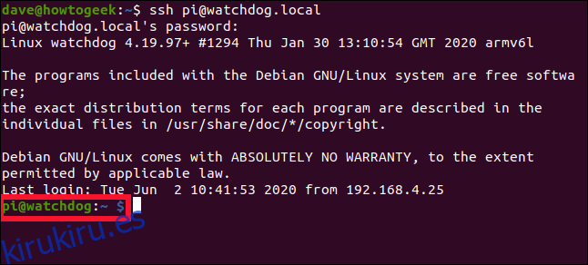 Una conexión SSH a una Raspberry Pi en una ventana de terminal.