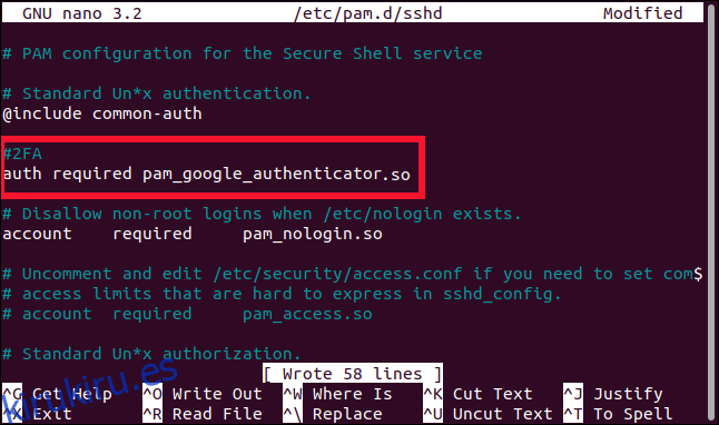 auth requiere pam_google_authenticator.so agregado al archivo sshd en un editor, en una ventana de terminal.