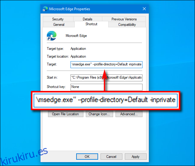 Agregue InPrivate a la ruta en el acceso directo a Microsoft Edge en Windows 10