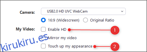 Habilite HD y retoque mis opciones de apariencia en Zoom