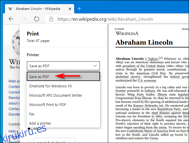 Seleccione Guardar como PDF en la ventana Imprimir en Microsoft Edge