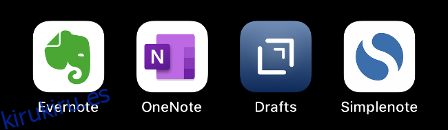 Los iconos de Evernote, OneNote, Borradores y Simplenote.