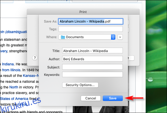 Escriba el nombre del archivo y haga clic en Guardar en Firefox en Mac