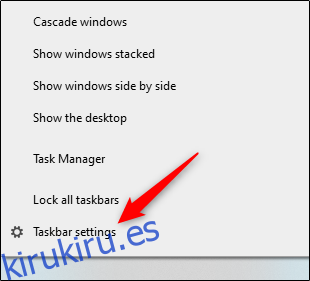 Opción de configuración de la barra de tareas en el menú de la barra de tareas