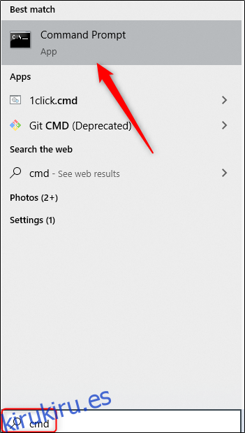 Opción de símbolo del sistema en la búsqueda de Windows