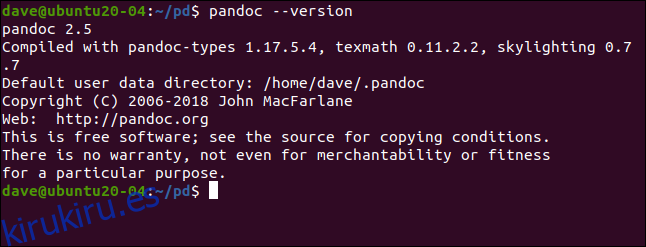 pandoc --version en una ventana de terminal.