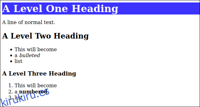 HTML renderizado a partir de markdown con un estilo CSS aplicado al encabezado de nivel uno, en una ventana del navegador