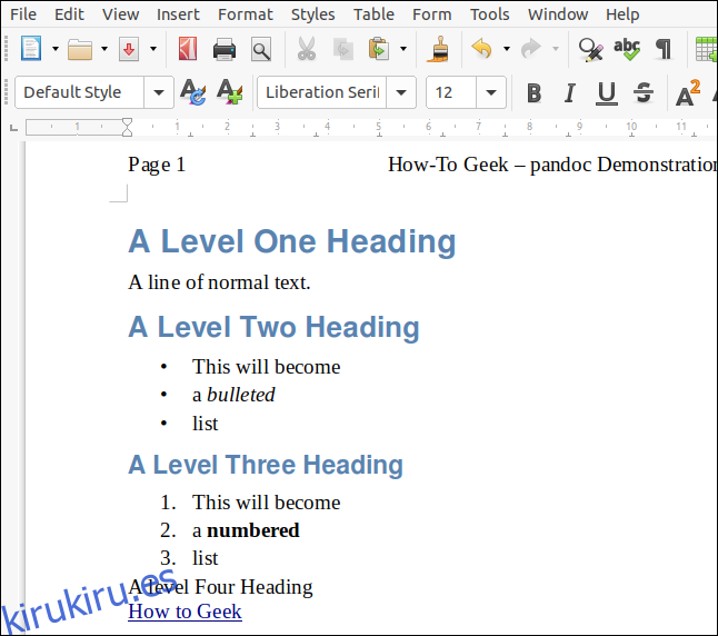 Un archivo ODT renderizado a partir de una rebaja con un documento de LibreOffice que actúa como una hoja de estilo, en una ventana de LibreOffice Writer.