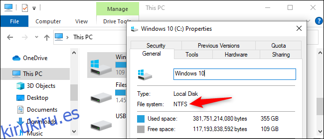 Comprobación del sistema de archivos de una unidad en Windows 10.