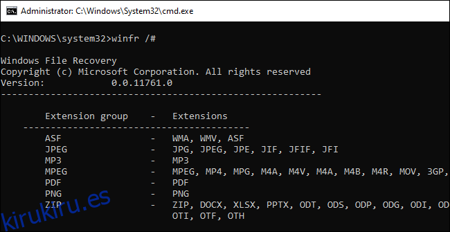 Información sobre los grupos de extensiones de archivo de winfr que se muestran en el símbolo del sistema.