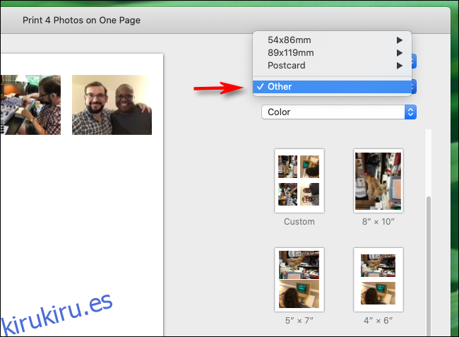 Seleccione Otro en tamaños de papel en la aplicación Fotos en Mac