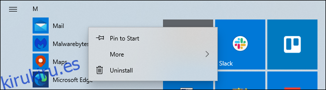 Desinstalar la aplicación Mail de Windows 10 desde el menú Inicio.