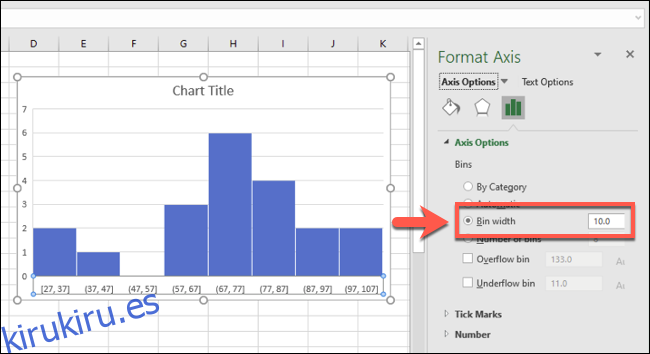 Un histograma de Excel con agrupaciones de ubicaciones agrupadas por ancho de ubicación