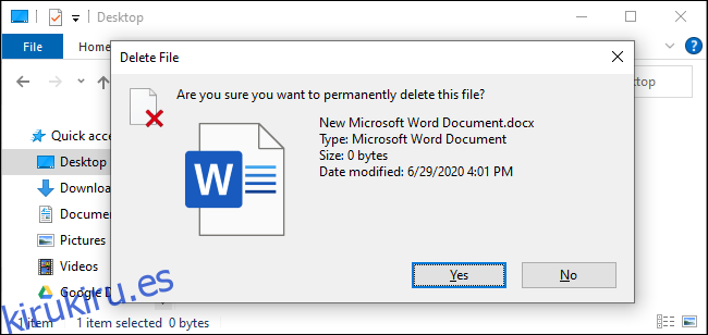 El mensaje de confirmación al eliminar un archivo con Shift + Delete.