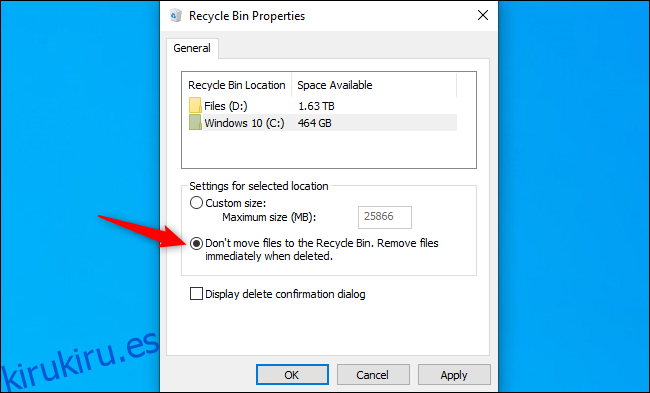 Decirle a Windows 10 que omita la Papelera de reciclaje para unidades específicas.