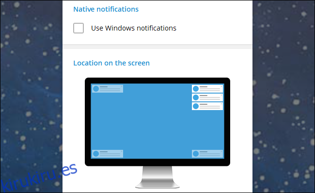 Opciones de notificación de Telegram para Windows.