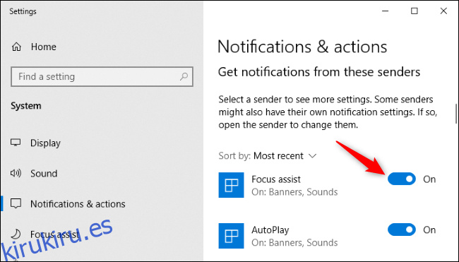 Deshabilitar las notificaciones de una aplicación en la configuración de Windows 10.