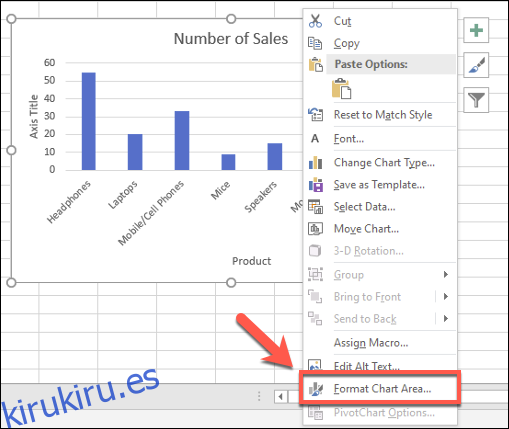 Puede realizar más cambios de formato en un gráfico de barras de Excel haciendo clic con el botón derecho en el gráfico y haciendo clic en el 