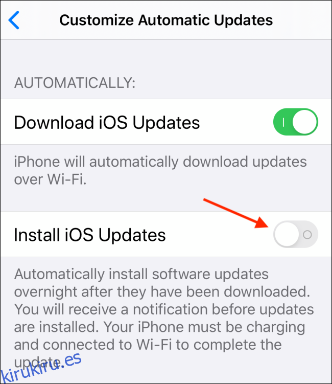 Toque alternar junto a Instalar actualizaciones de iOS