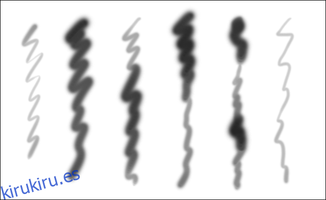 Seis líneas onduladas creadas con el mismo pincel en Photoshop con diferente presión. 