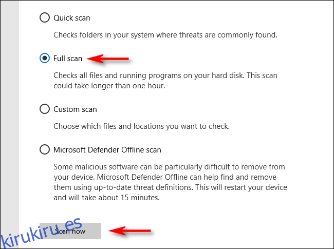 Haga clic en Análisis completo en Microsoft Defender en Windows 10