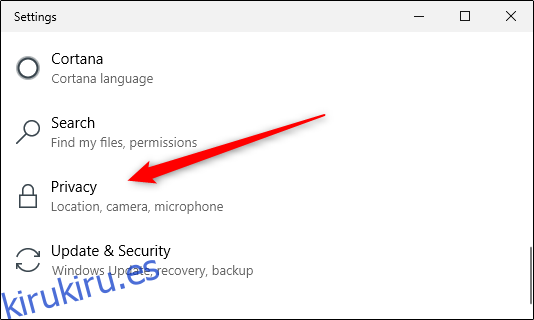 Opción de privacidad en la configuración de Windows