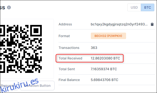 Ver cuánto BTC ha recibido una cuenta de Bitcoin.