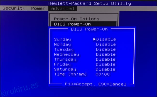 Opciones de encendido del BIOS en un equipo HP.