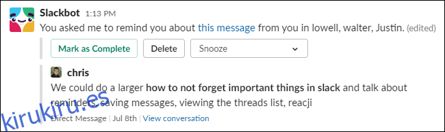 Un recordatorio sobre un mensaje de Slackbot.